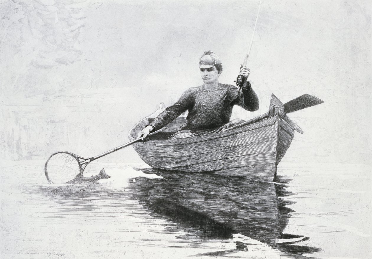 Fluefiske på Saranac Lake, 1889 (etsing og akvatint på lignende japansk papir) av Winslow Homer