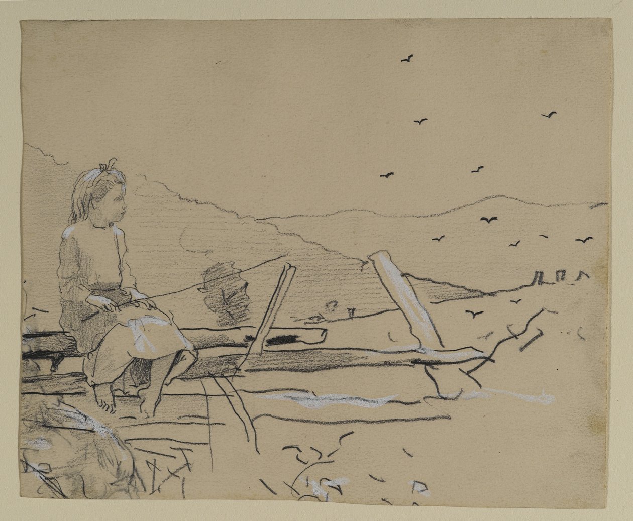 Jente satt på jernbanegjerde, 1879 (grafitt med kinesisk hvitt på papir) av Winslow Homer