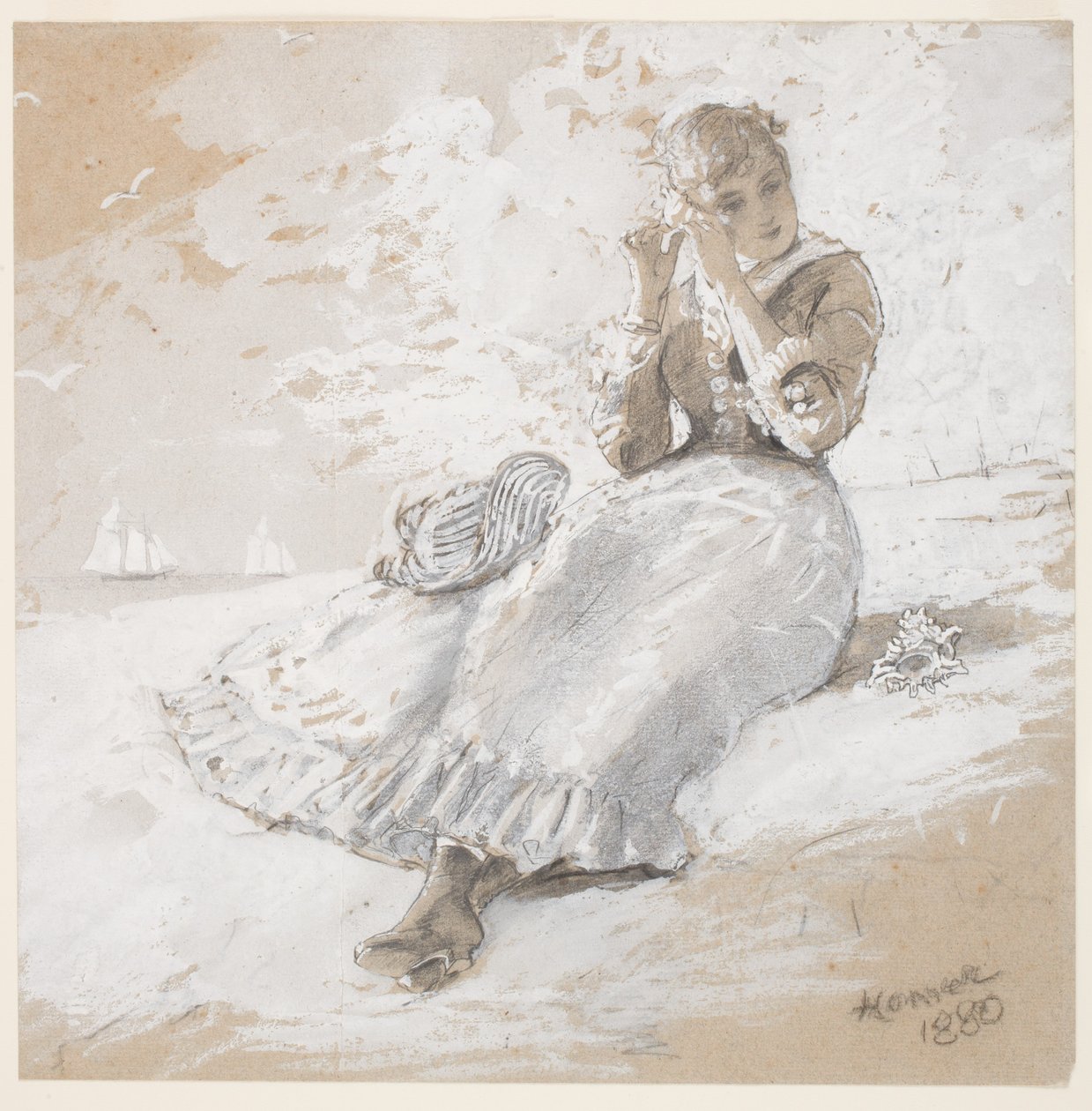 Girl with Shell at Ear, 1880 (grafitt, kull og hvit gouache på papir) av Winslow Homer