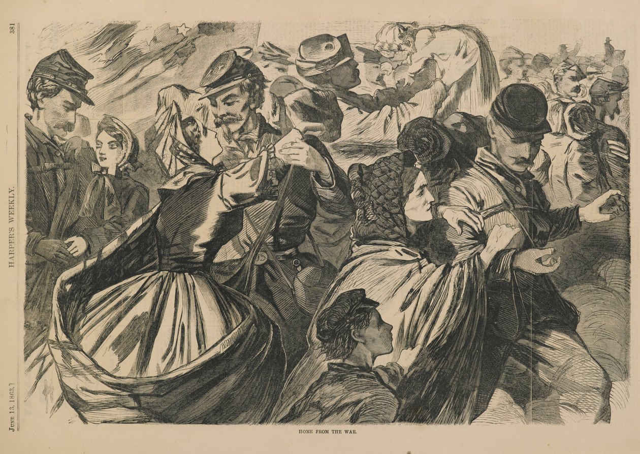 Home from the War, fra Harpers Weekly magazine utgitt 13. juni 1863 (tregravering) av Winslow Homer