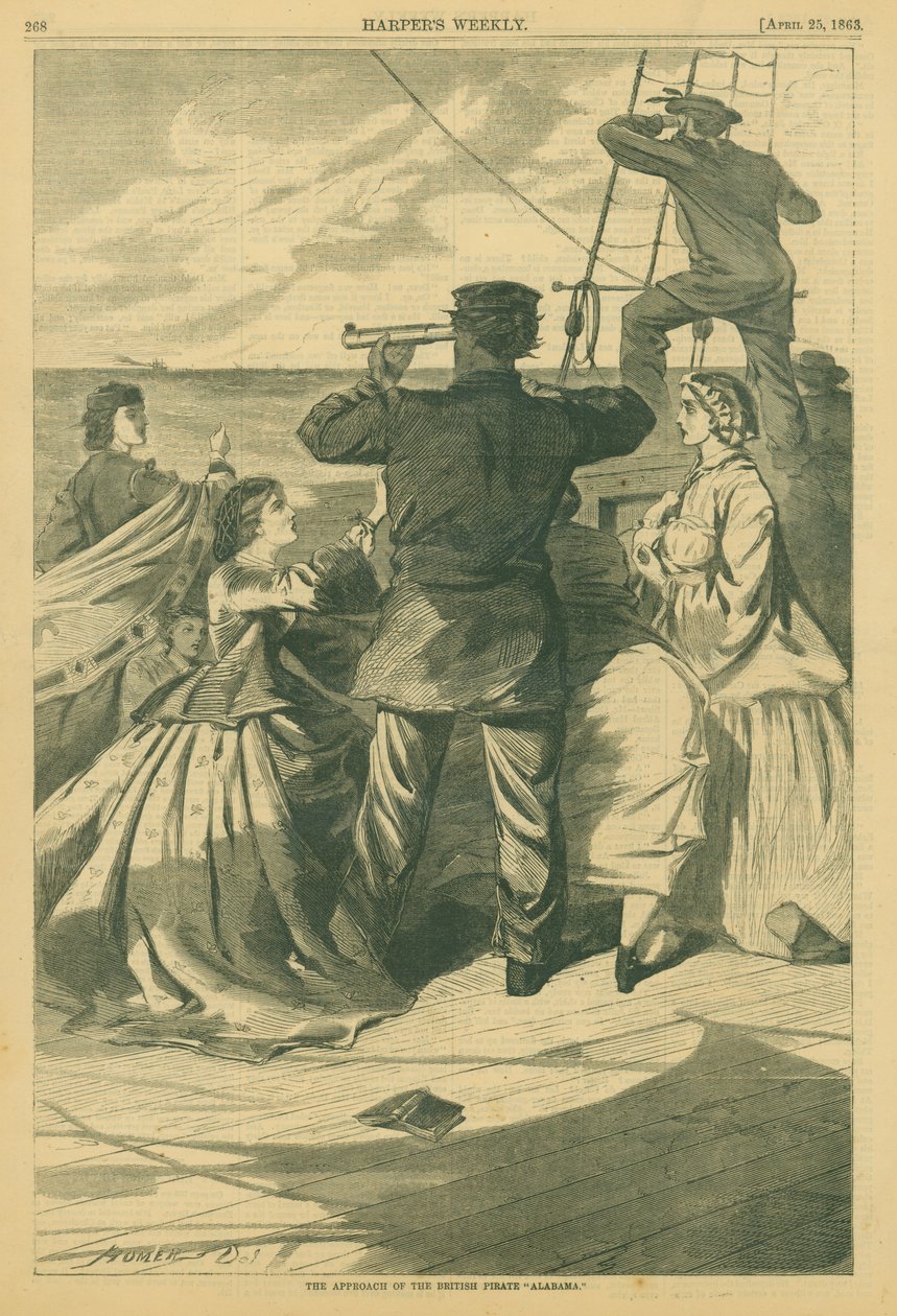 Trykk av en sjøoffiser som titter gjennom et spyglass på et skip i det fjerne mens flere damer klemmer seg rundt ham av Winslow Homer