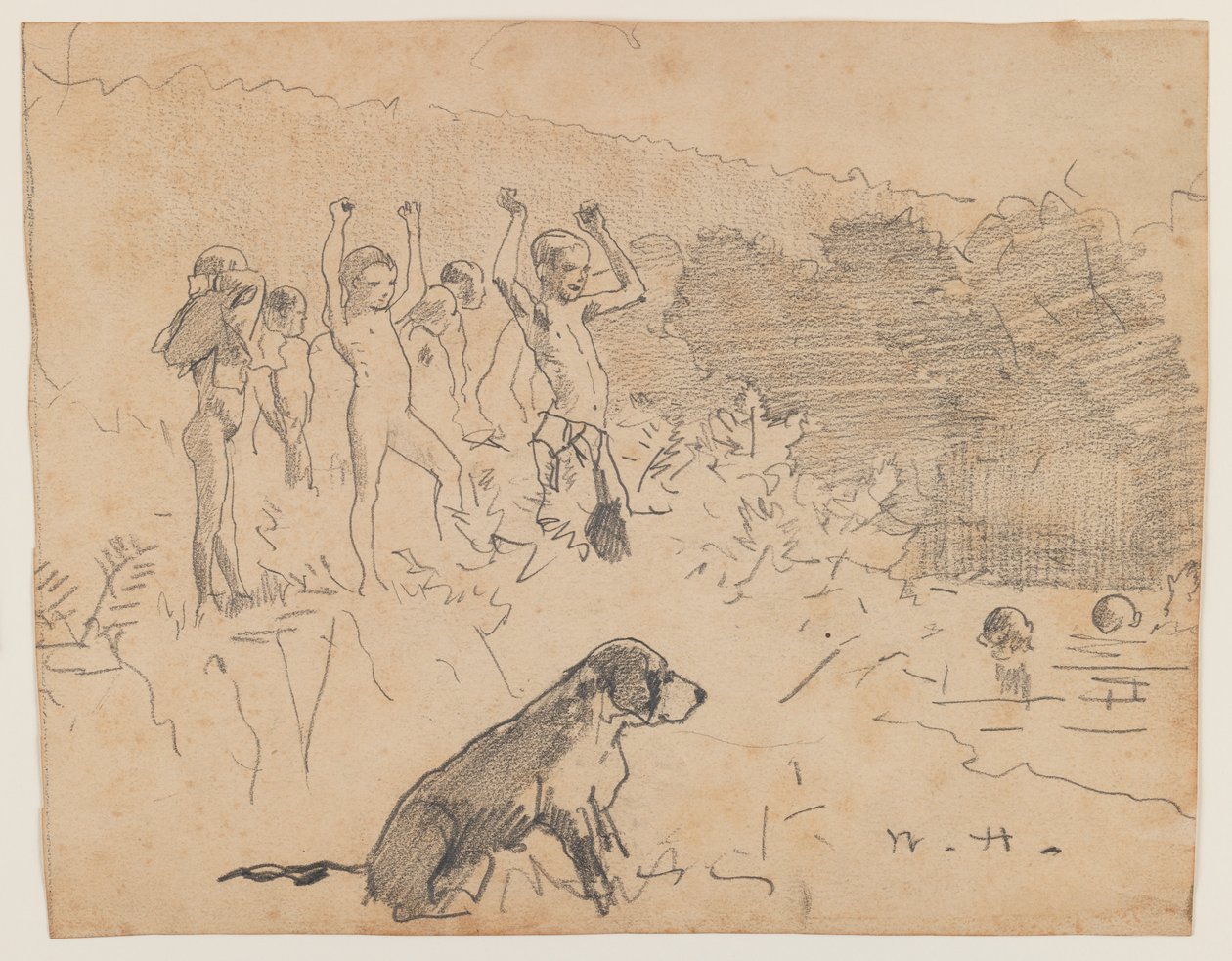 Svømmehullet (grafitt på papir) av Winslow Homer