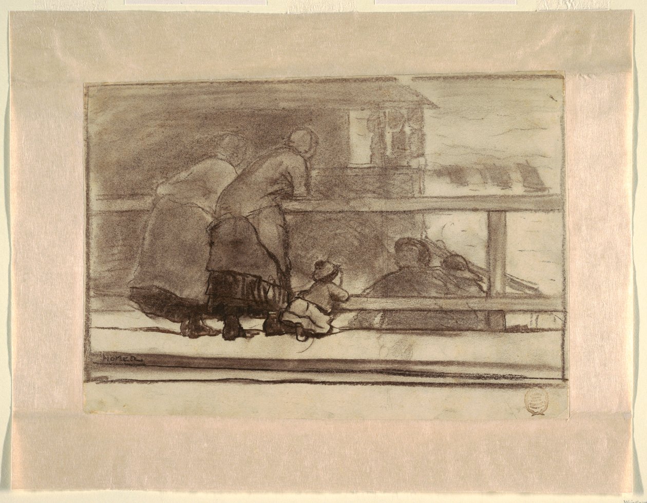 To kvinner og et barn på en skinne, med utsikt over stranden i Tynemouth av Winslow Homer