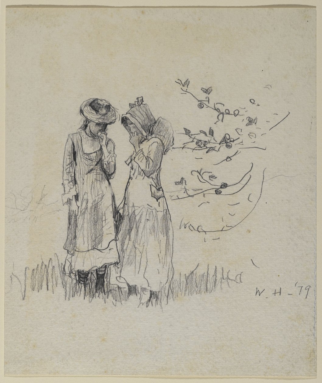 To jenter i et felt, 1879 (grafitt på papir) av Winslow Homer
