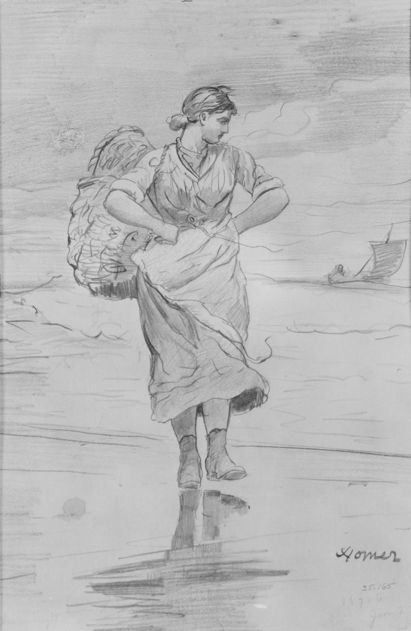 En fiskerjente på stranden, skisse til illustrasjon av «Det innkommende tidevannet» av Winslow Homer