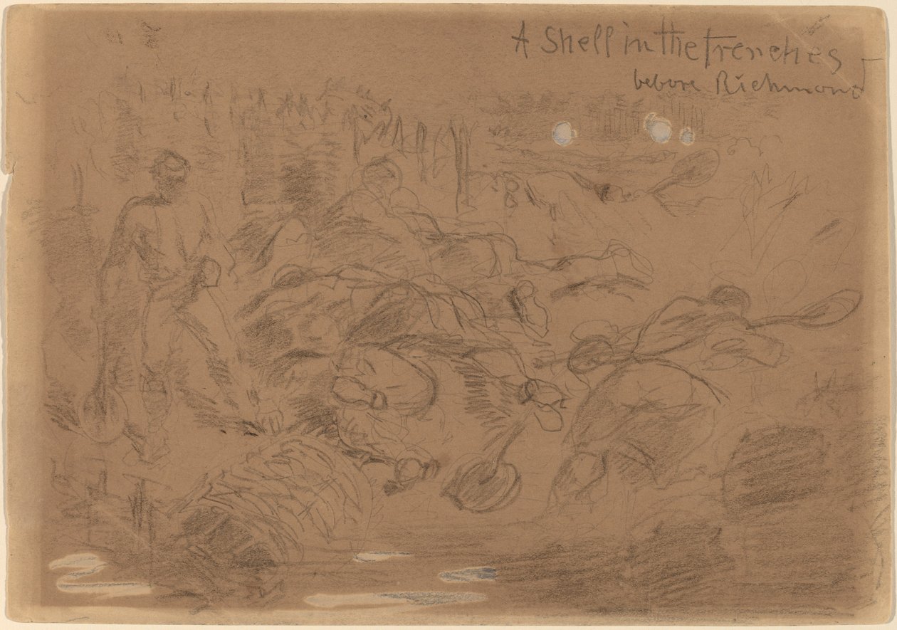 Et skjell i skyttergravene før Richmond [recto], 1862. av Winslow Homer
