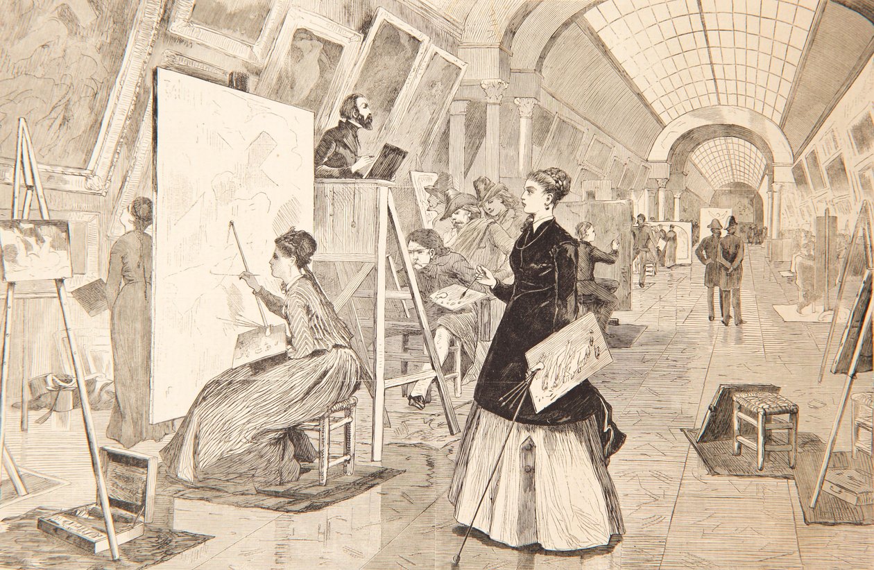 Kunststudenter og kopiister i Louvre-galleriet, Paris, 11. januar 1868 av Winslow Homer