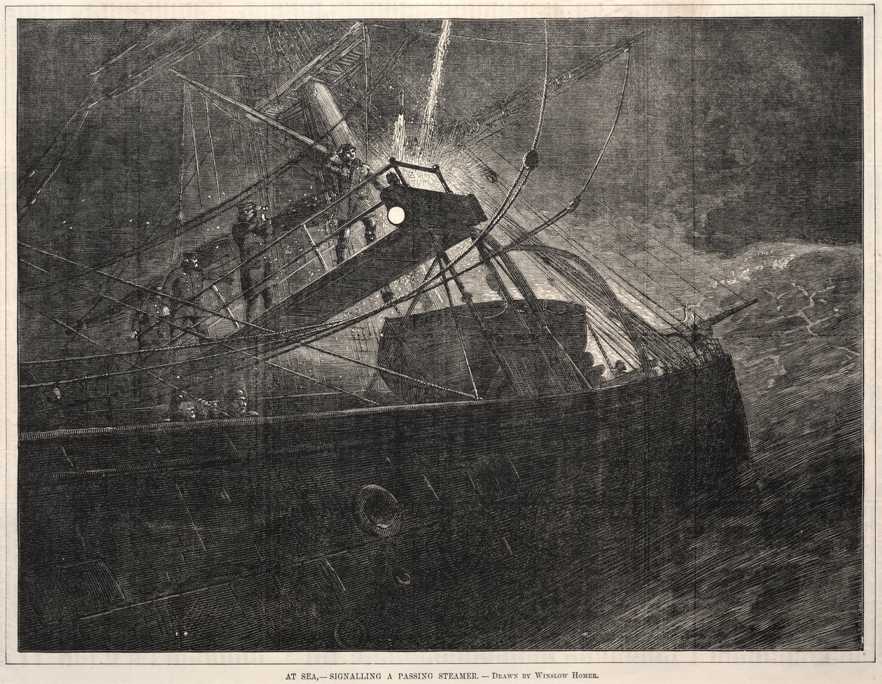Til sjøs, signaliserer til en passerende dampbåt av Winslow Homer