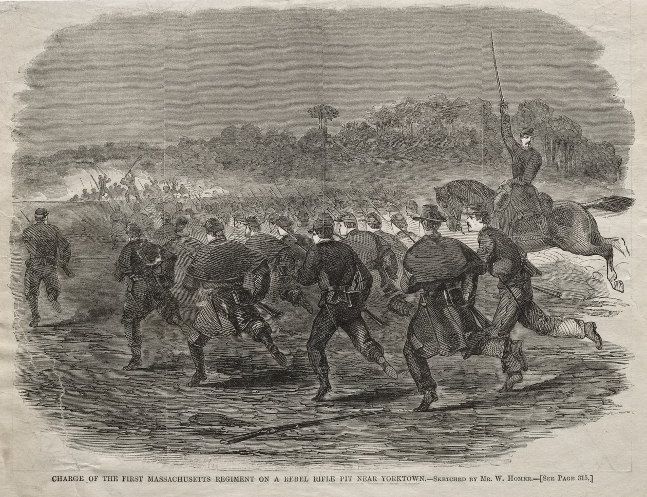 Det første Massachusetts-regimentets angrep på en opprørernes skyttergrav nær Yorktown av Winslow Homer