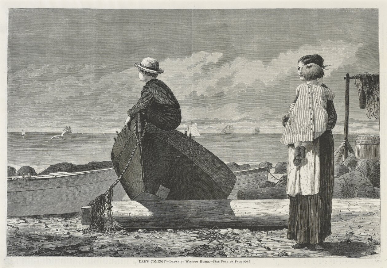 Dads Coming!, 1. november 1873 (tregravering på avispapir) av Winslow Homer