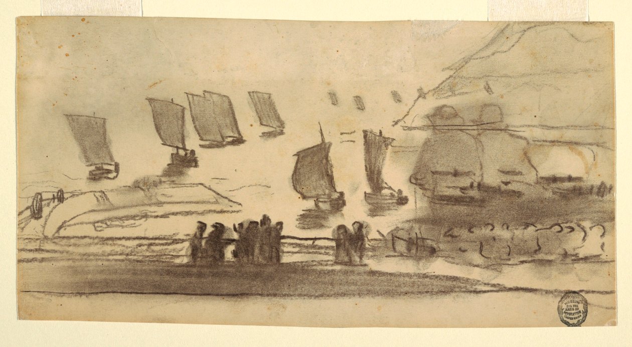 Tegning, strandscene med mennesker og fiskebåter, Cullercoats, England, 1881–82 av Winslow Homer