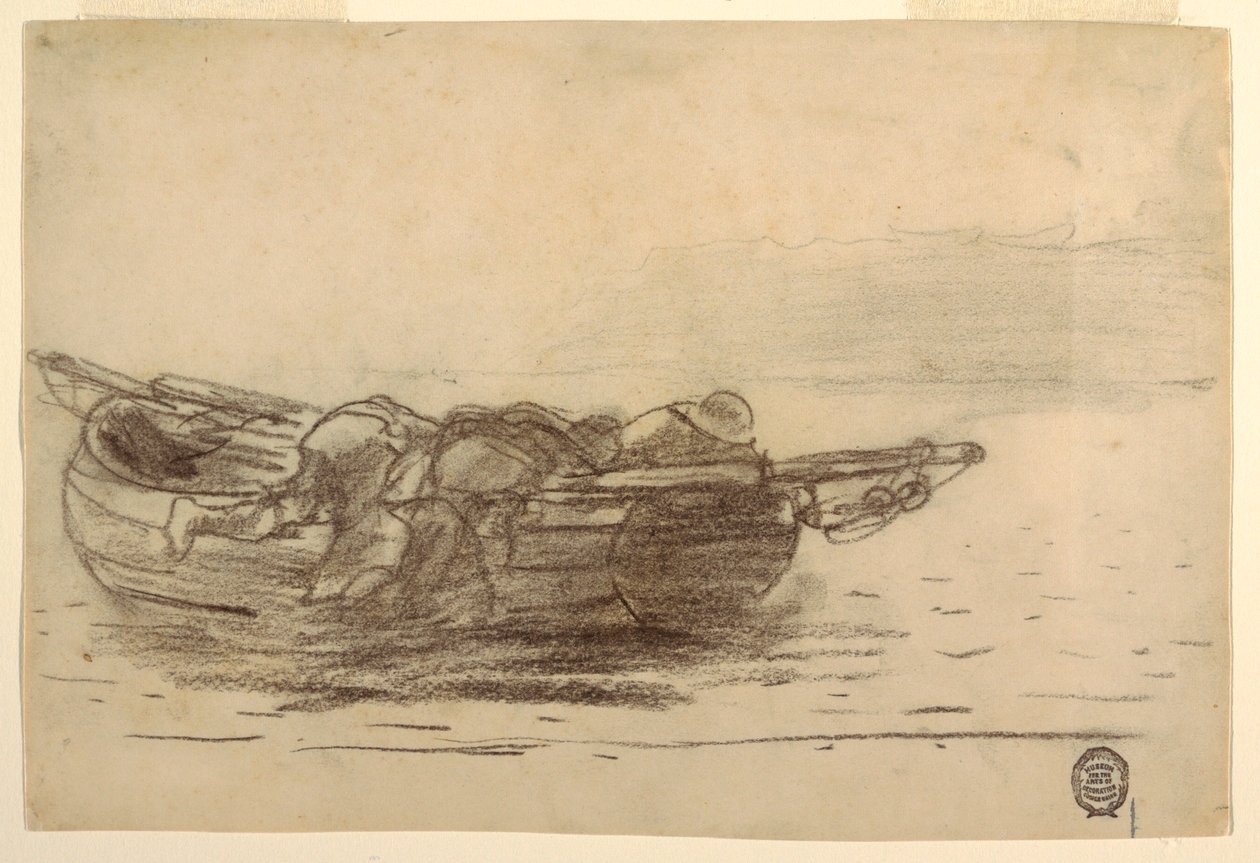 Tegning, Fiskere som klatrer over reling, Cullercoats, England, 1881–82 av Winslow Homer
