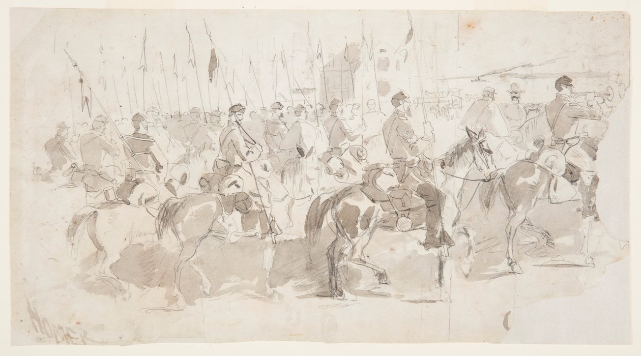 Tegning, general McClellans sjette kavaleriregiment legger ut i Alexandria for Old Point Comfort, 2. april 1862 av Winslow Homer