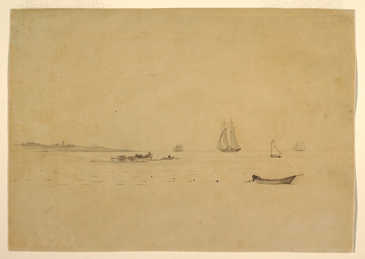 Tegning, Landsøyle med fyr, ca. 1880 av Winslow Homer