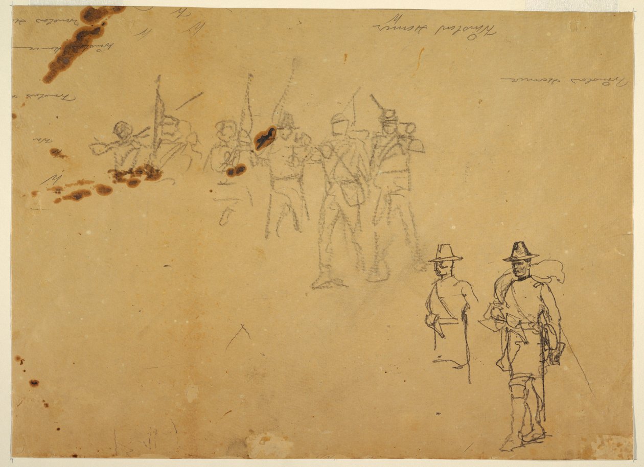 Tegning, skisser av enkeltstående infanterifigurer og øvelsessignaturer, 1862 av Winslow Homer
