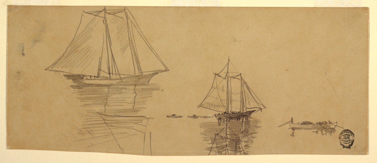 Tegning, to skonnerter og doryer, ca. 1880 av Winslow Homer