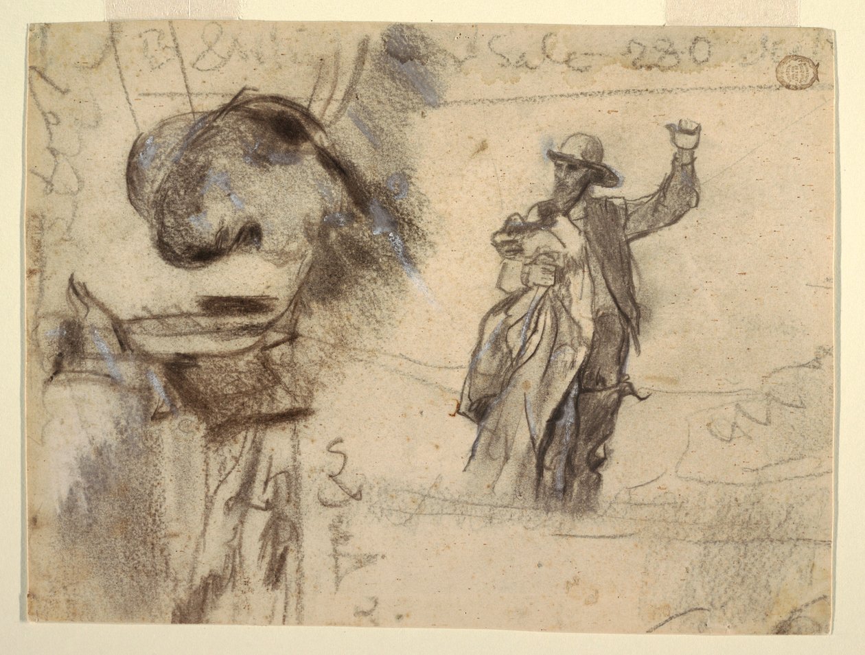 Tegning, to studier av en sjømann med hevet arm (studier for The Lookout-All