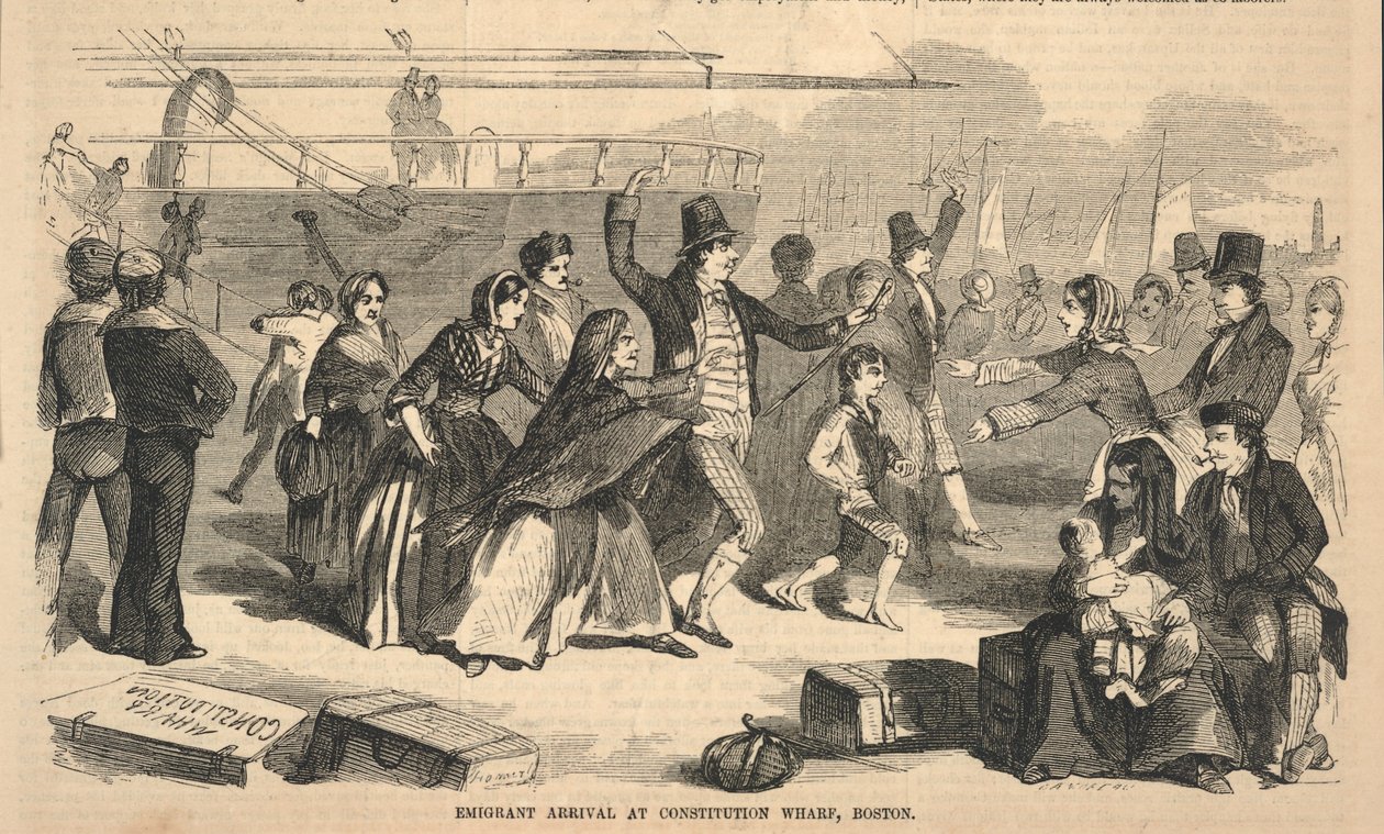 Emigrantens ankomst til Constitution Wharf, Boston, fra Ballous Pictorial Drawing-Room Companion, 31. oktober 1857 av Winslow Homer