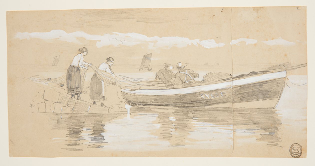Fisker og kvinner som stuver garn i en strandet dory, Cullercoats, England av Winslow Homer