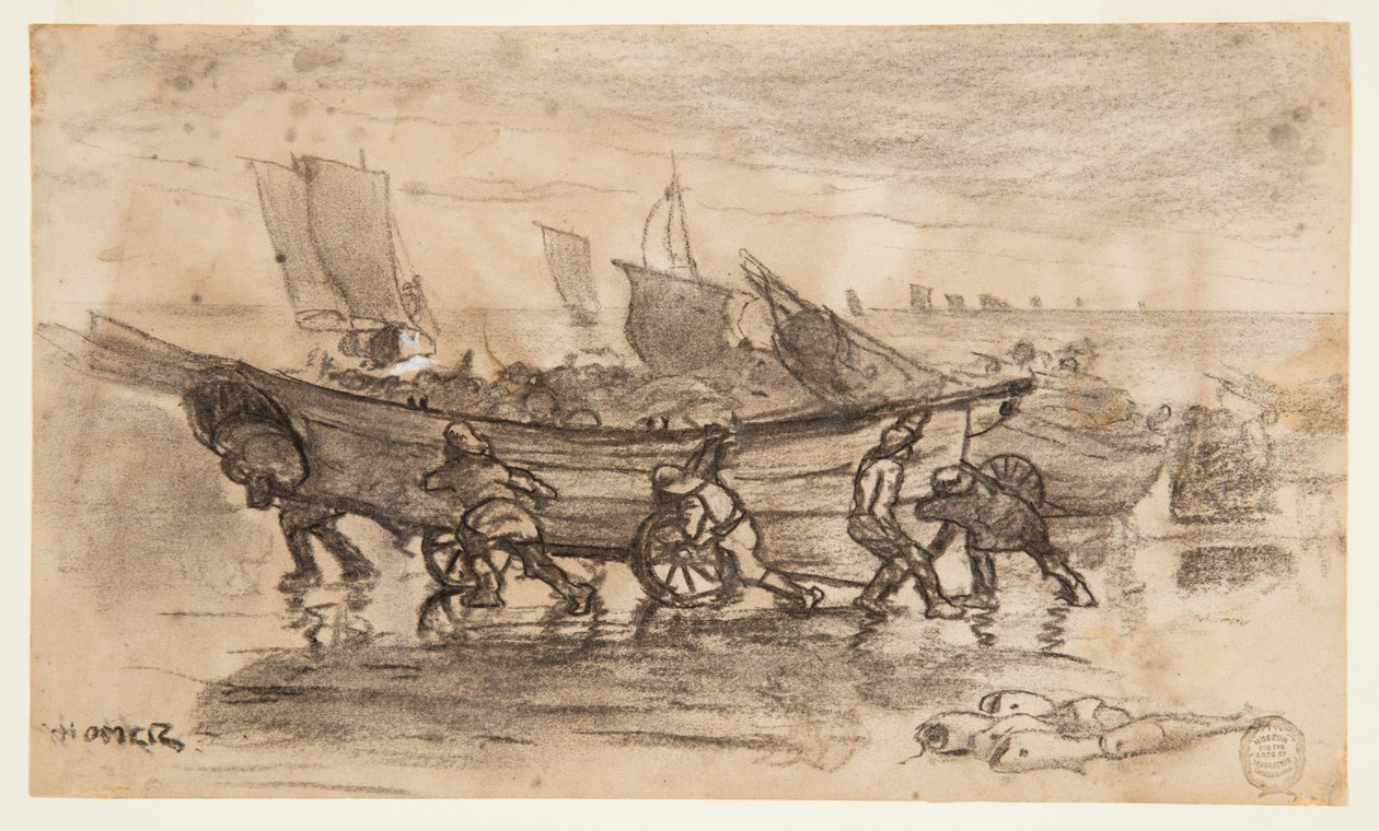Fishermen Beaching a Dory, Cullercoats, England av Winslow Homer