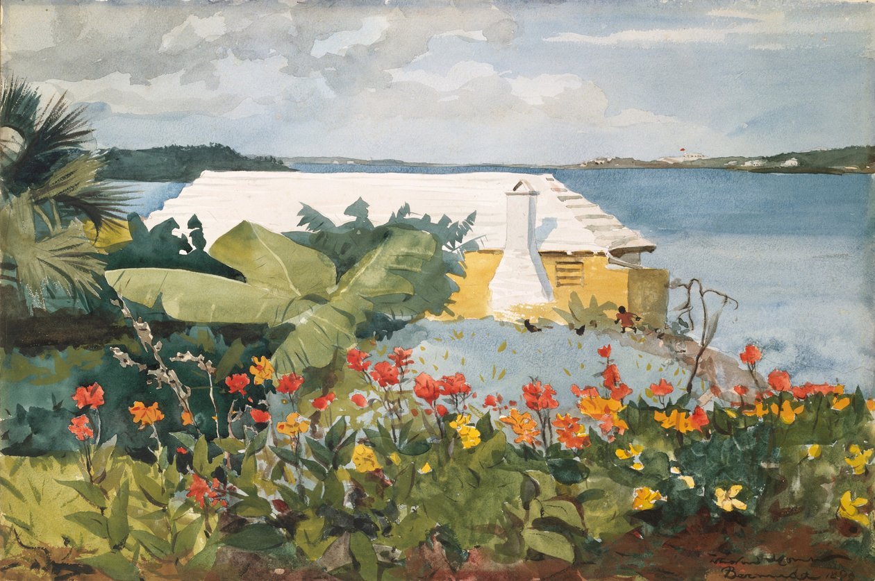 Blomsterhage og bungalow, Bermuda av Winslow Homer