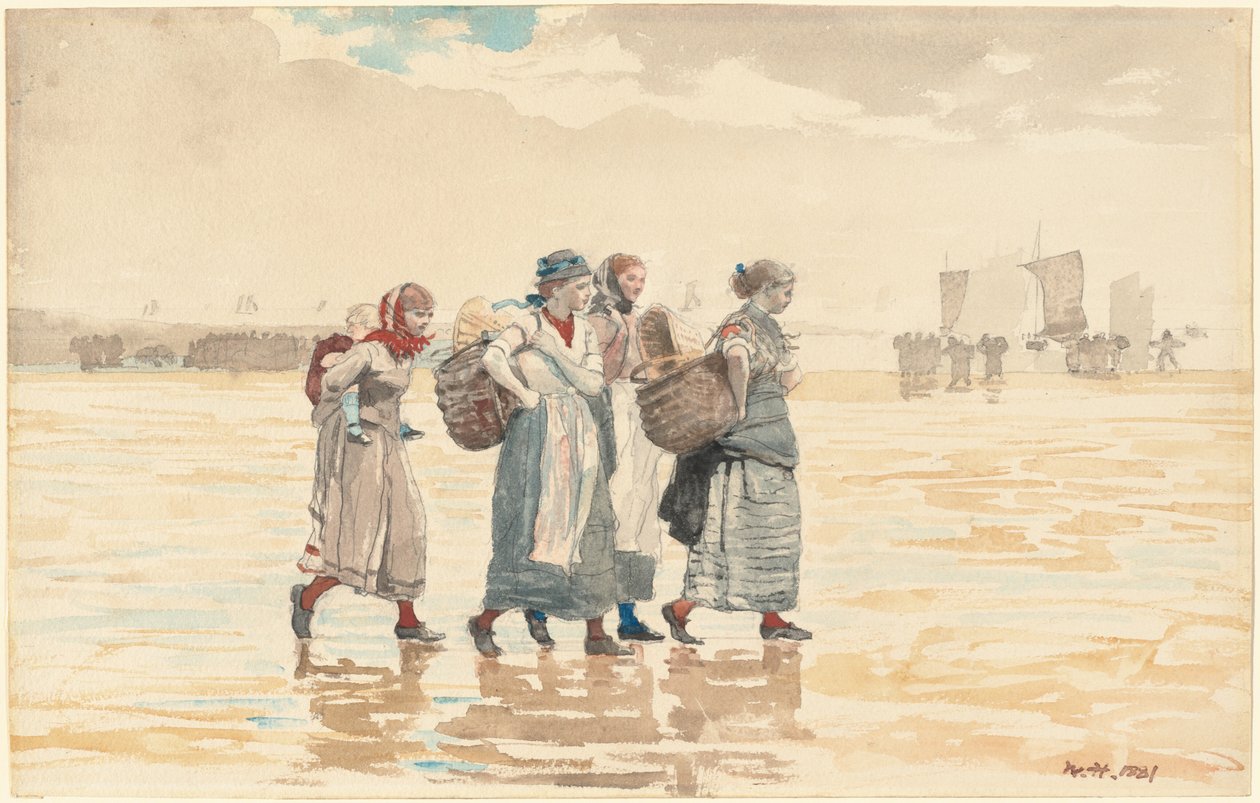 Fire fiskefruer på stranden av Winslow Homer