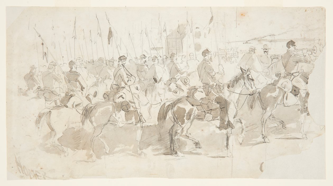 General McClellans sjette kavaleriregiment, går om bord i Alexandria for Old Point Comfort av Winslow Homer