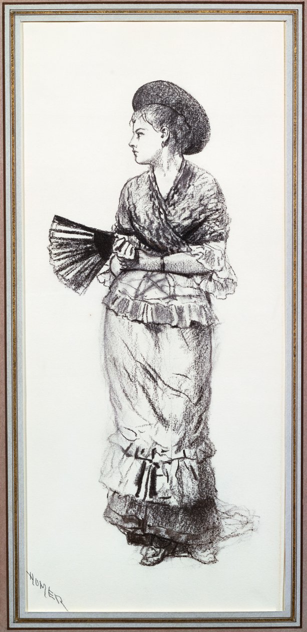 Jente med vifte (kull på papir) av Winslow Homer