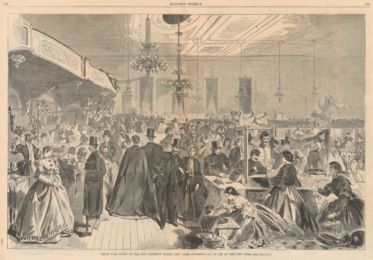 Stor messe gitt på byens forsamlingslokaler, New York, desember 1861, til hjelp for byens fattige; fra Harper av Winslow Homer