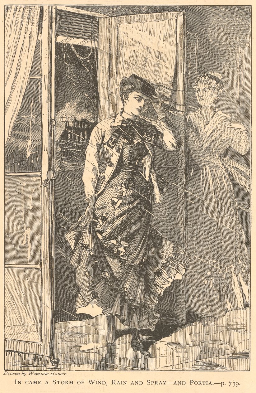 Inn kom en storm av vind, regn og spray - og Portia., fra The Galaxy, desember 1869 av Winslow Homer