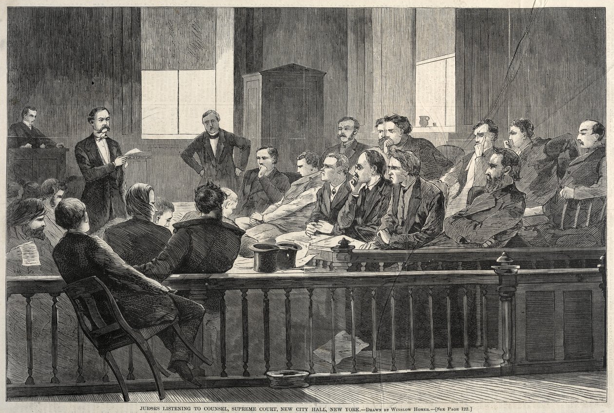 Jurymedlemmer lytter til advokat, Høyesterett, New City Hall, New York, 1869. av Winslow Homer