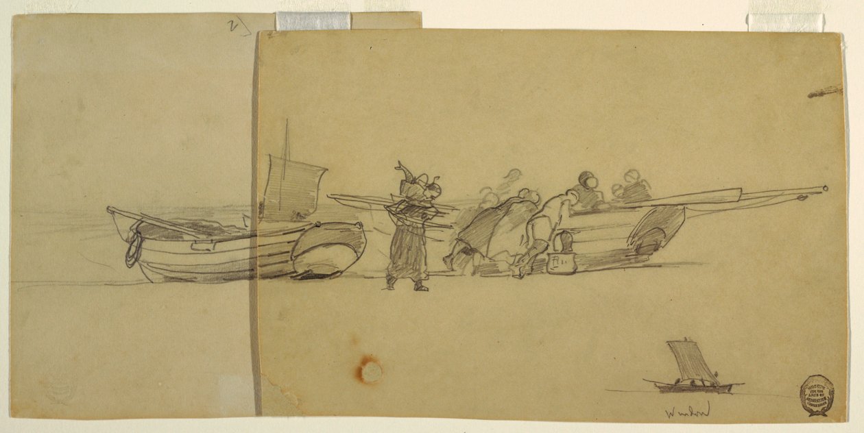 Menn og kvinner som losser en Fishing Dory, Cullercoats, England av Winslow Homer