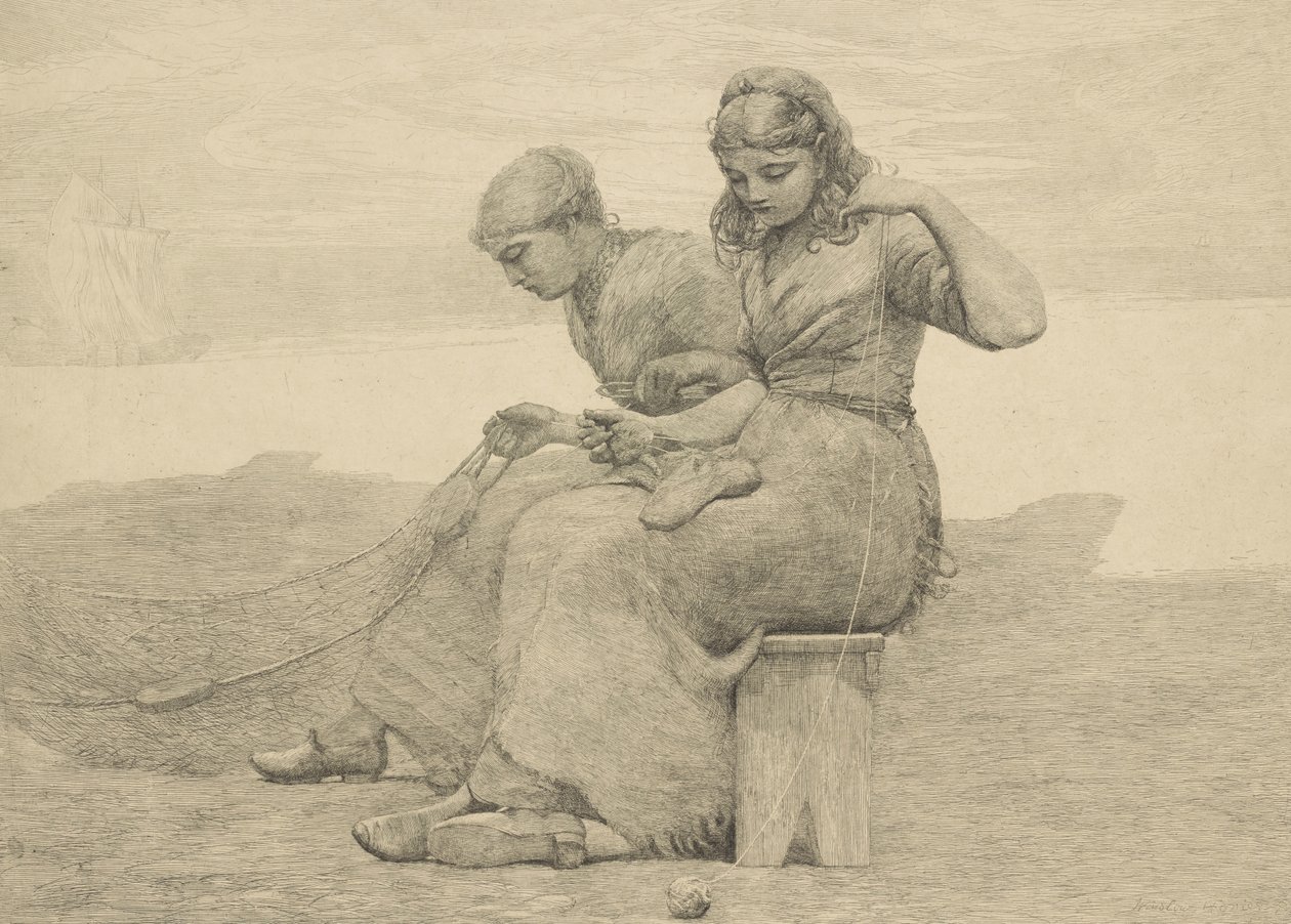 Mending the Tears, 1888, sannsynligvis trykt ca. 1940 av Winslow Homer