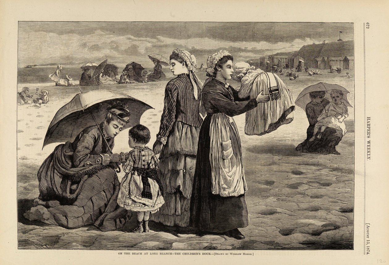På stranden ved Long Branch – Barnetimen, fra Harper#39;s Weekly, 15. august 1874 av Winslow Homer