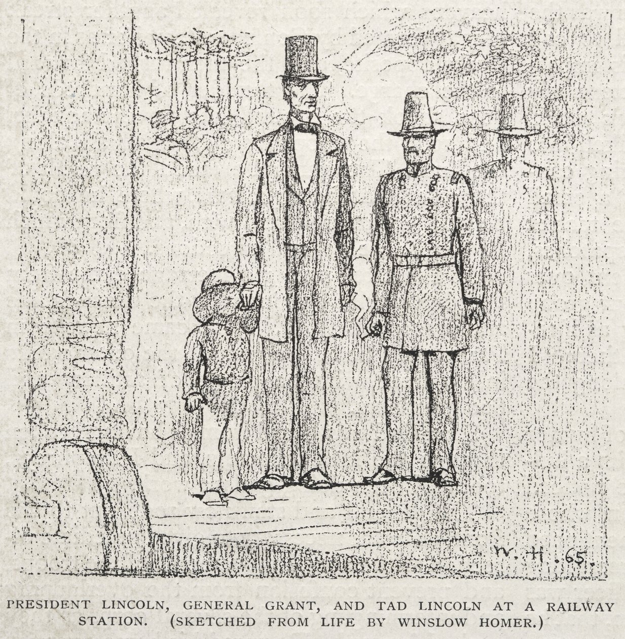 President Lincoln, general Grant og Tad Lincoln på en jernbanestasjon av Winslow Homer