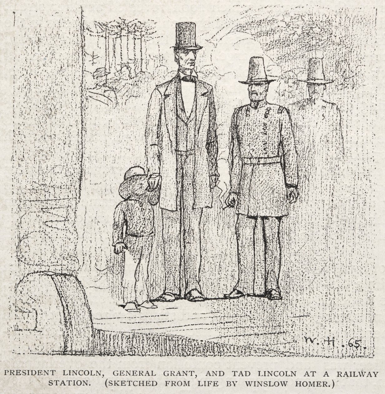 President Lincoln, General Grant og Tad Lincoln på en jernbanestasjon, 1887. av Winslow Homer