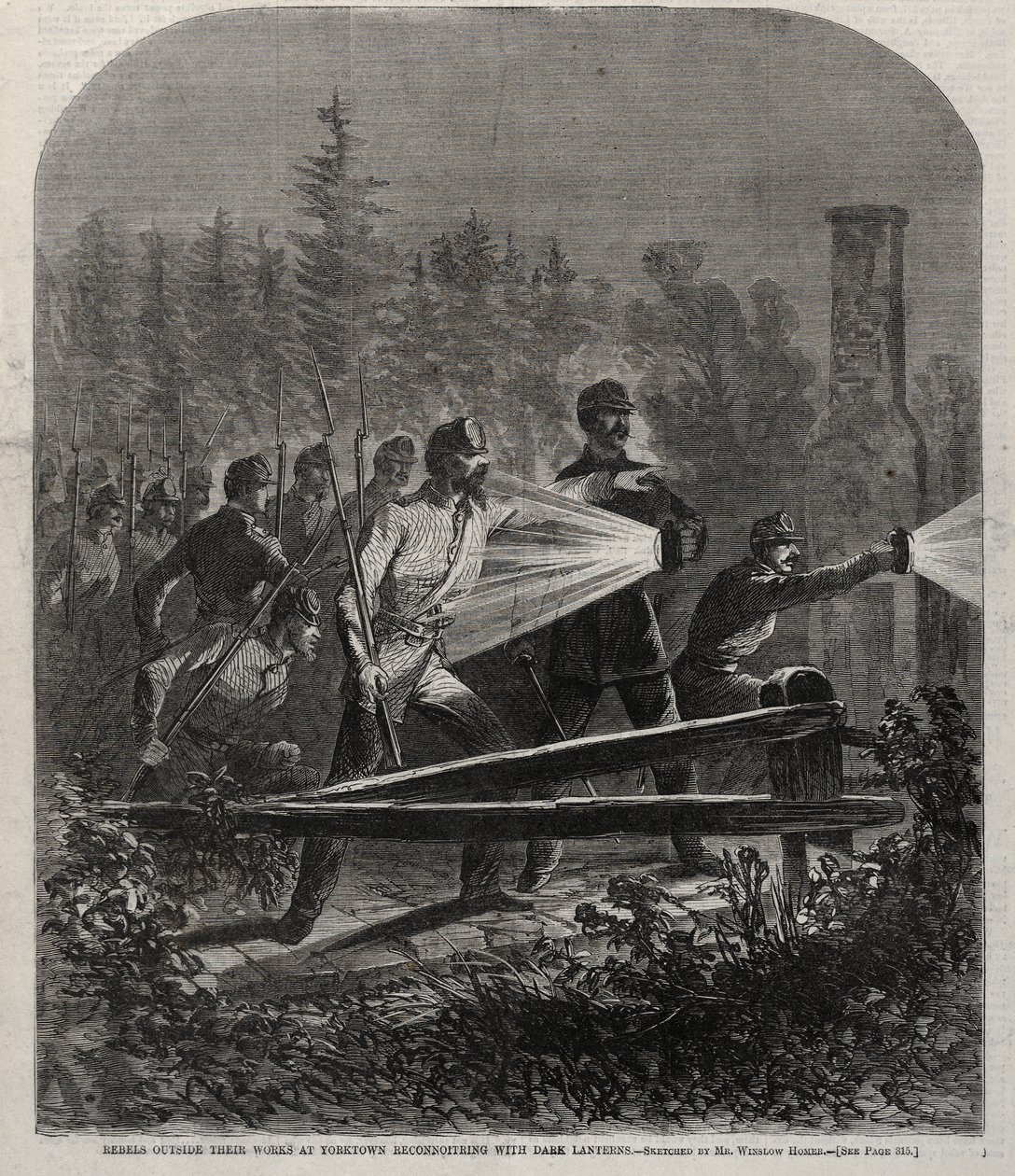 Opprørere utenfor festningsverkene i Yorktown på rekognosering med mørke lanterner av Winslow Homer