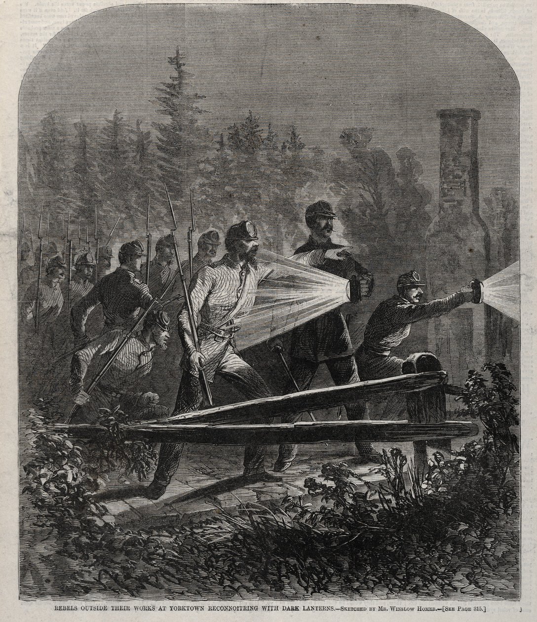 Opprørere utenfor verkene deres i Yorktown Rekognosering med mørke lykter, 1862. av Winslow Homer