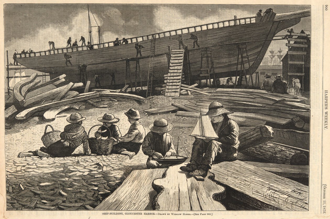 Ship-Building, Gloucester Harbor, fra Harper av Winslow Homer