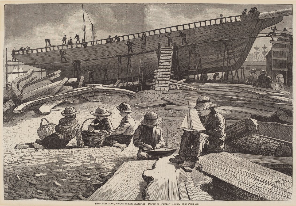 Ship-Building, Gloucester Harbor, utgitt 1873. av Winslow Homer