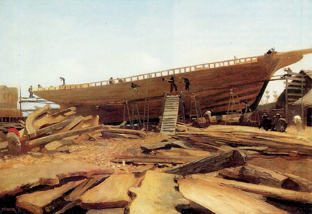 Skipsbygging, Gloucester, USA, 1871 av Winslow Homer
