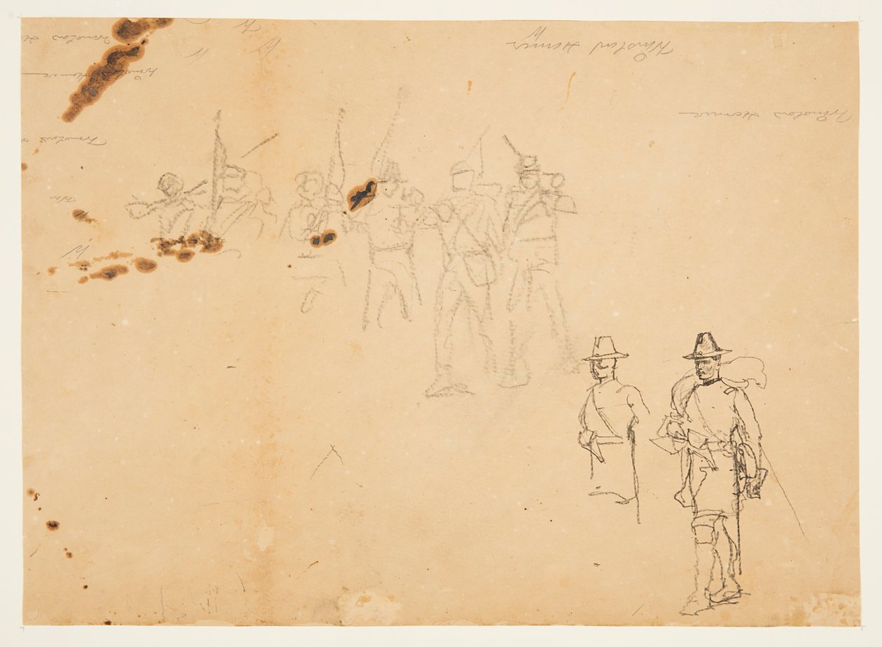 Skisser av enkle infanterifigurer og øvingssignaturer av Winslow Homer