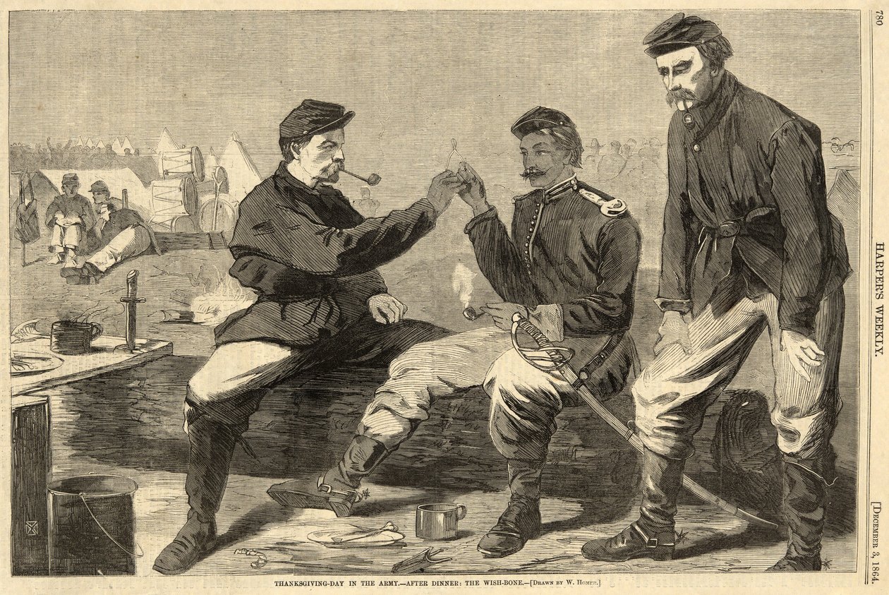 Thanksgiving-Day in the Army - Etter middag: The WishBone, fra Harpers Weekly, pub. 1864 av Winslow Homer