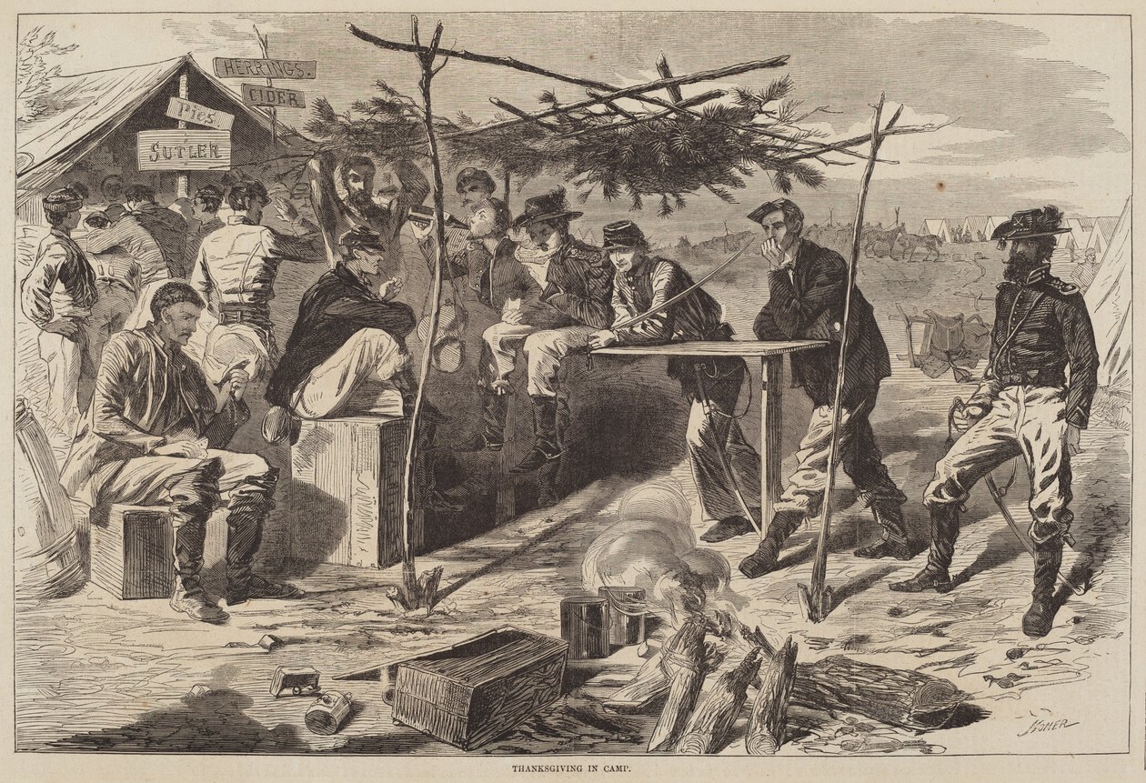 Thanksgiving in Camp, utgitt 1862. av Winslow Homer