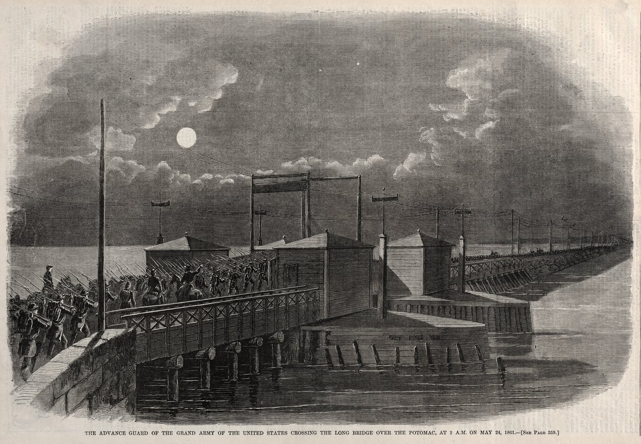 Fortroppen til De forente staters store hær krysser Long Bridge over Potomac klokken 2 om morgenen 24. mai 1861 av Winslow Homer