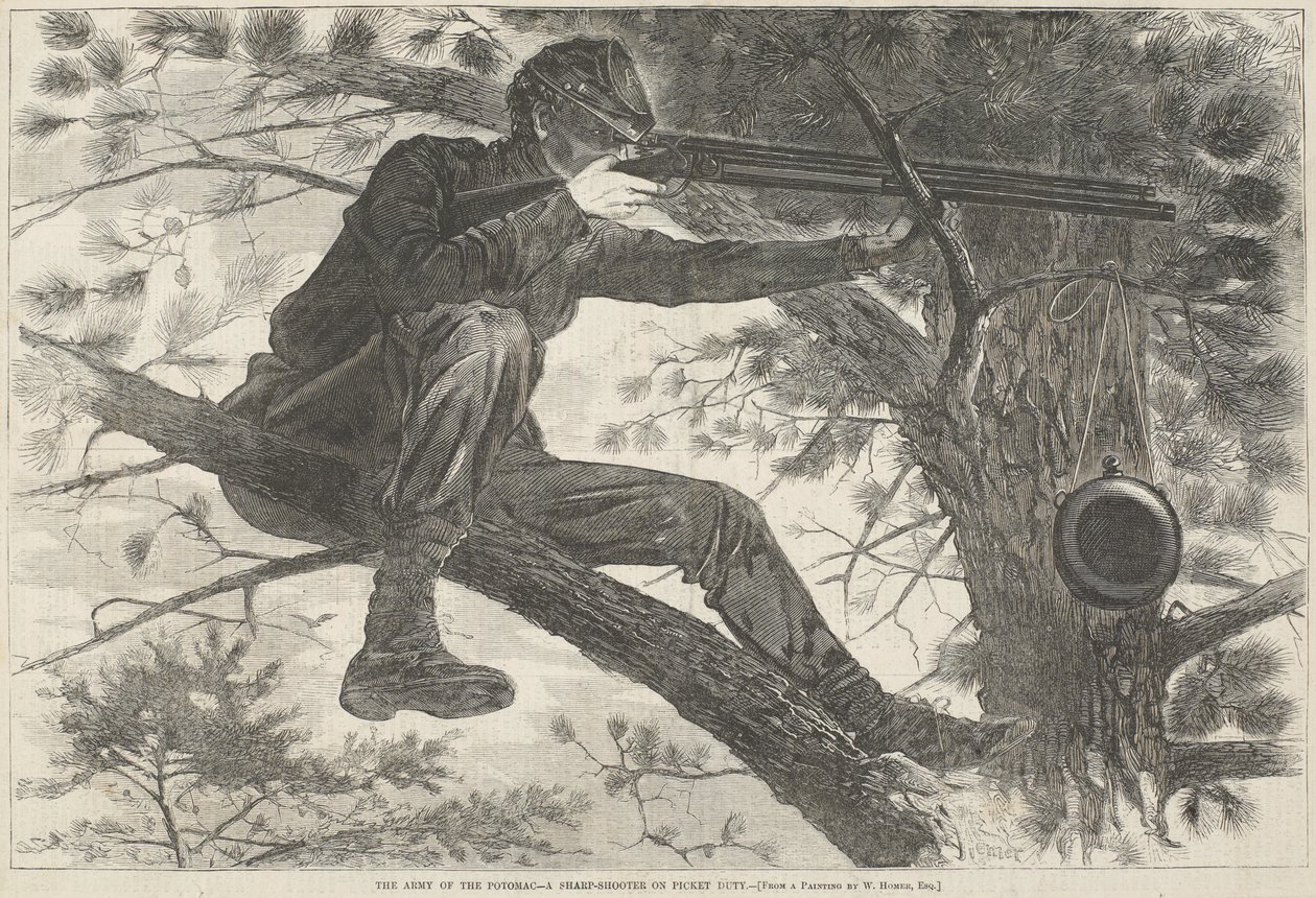 The Army of the Potomac--A Sharp-Shooter on Picket Duty, 15. november 1862 (tregravering) av Winslow Homer