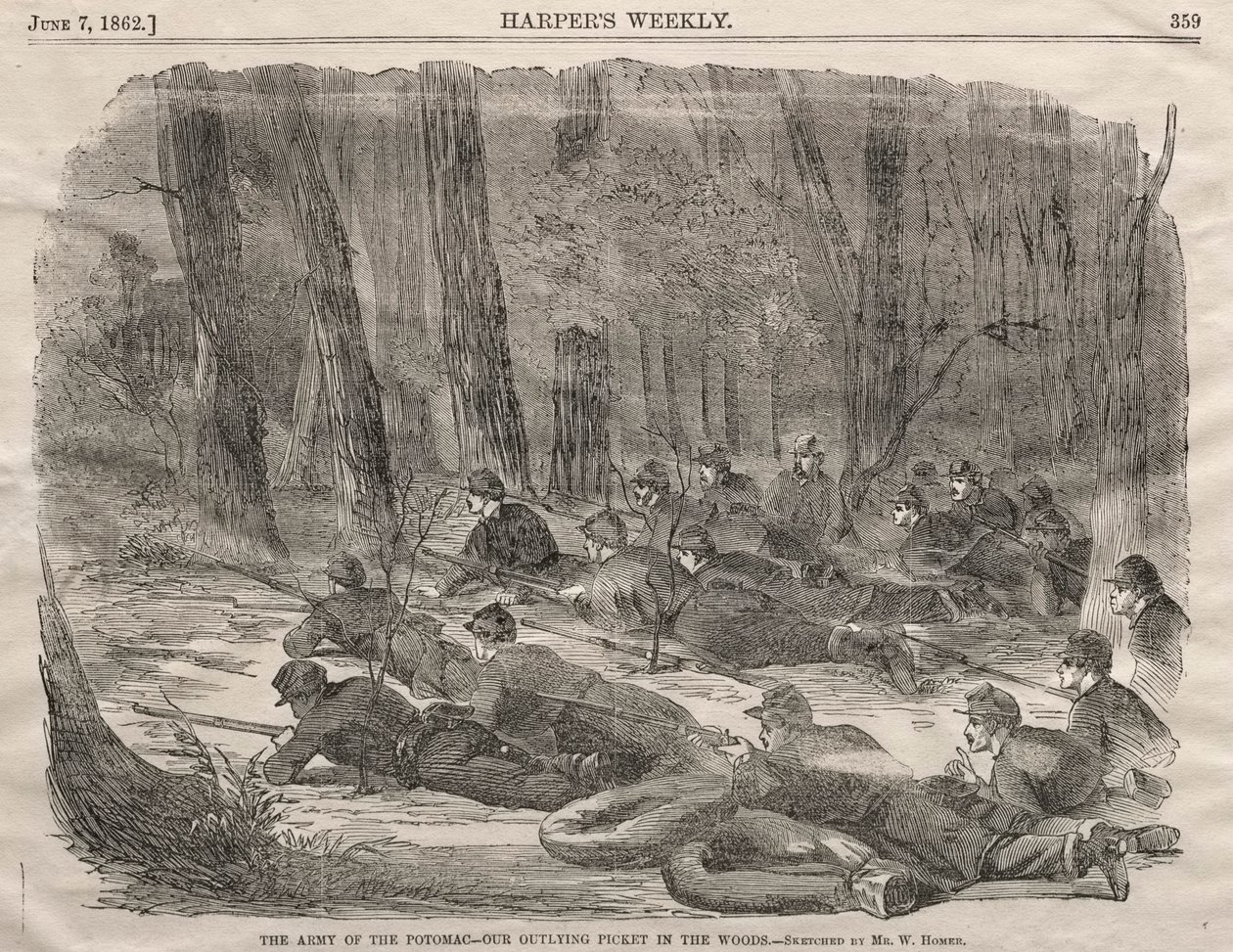 The Army of the Potomac - Our Outlying Picket in the Woods, 1862. av Winslow Homer
