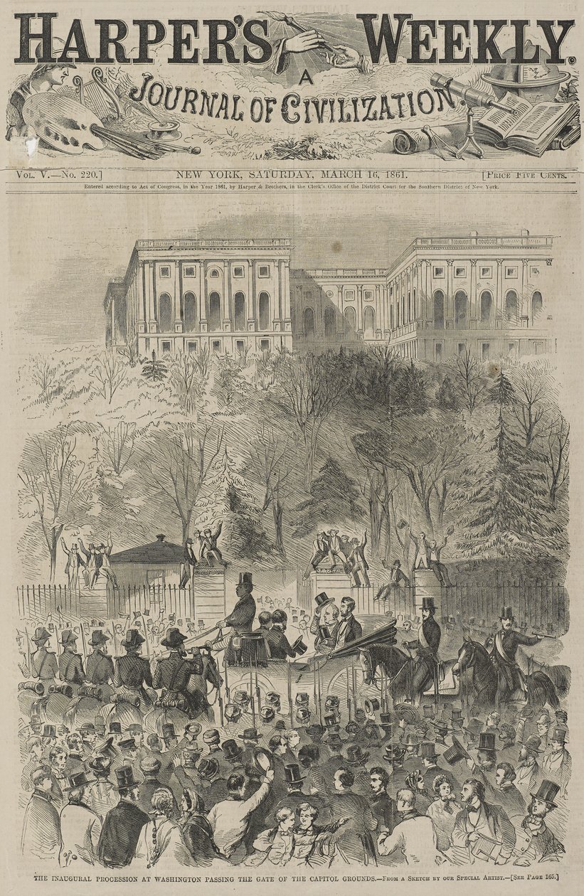 Innvielsesprosesjonen i Washington passerer porten til Capitol Grounds (Fra en skisse av vår spesielle kunstner), 1861 (tregravering) av Winslow Homer