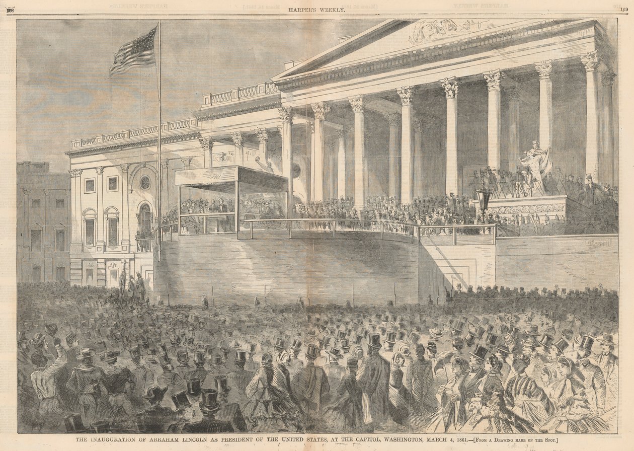 Innsettelsen av Abraham Lincoln som president i USA, ved Capitol, Washington, 4. mars 1861; fra Harper av Winslow Homer