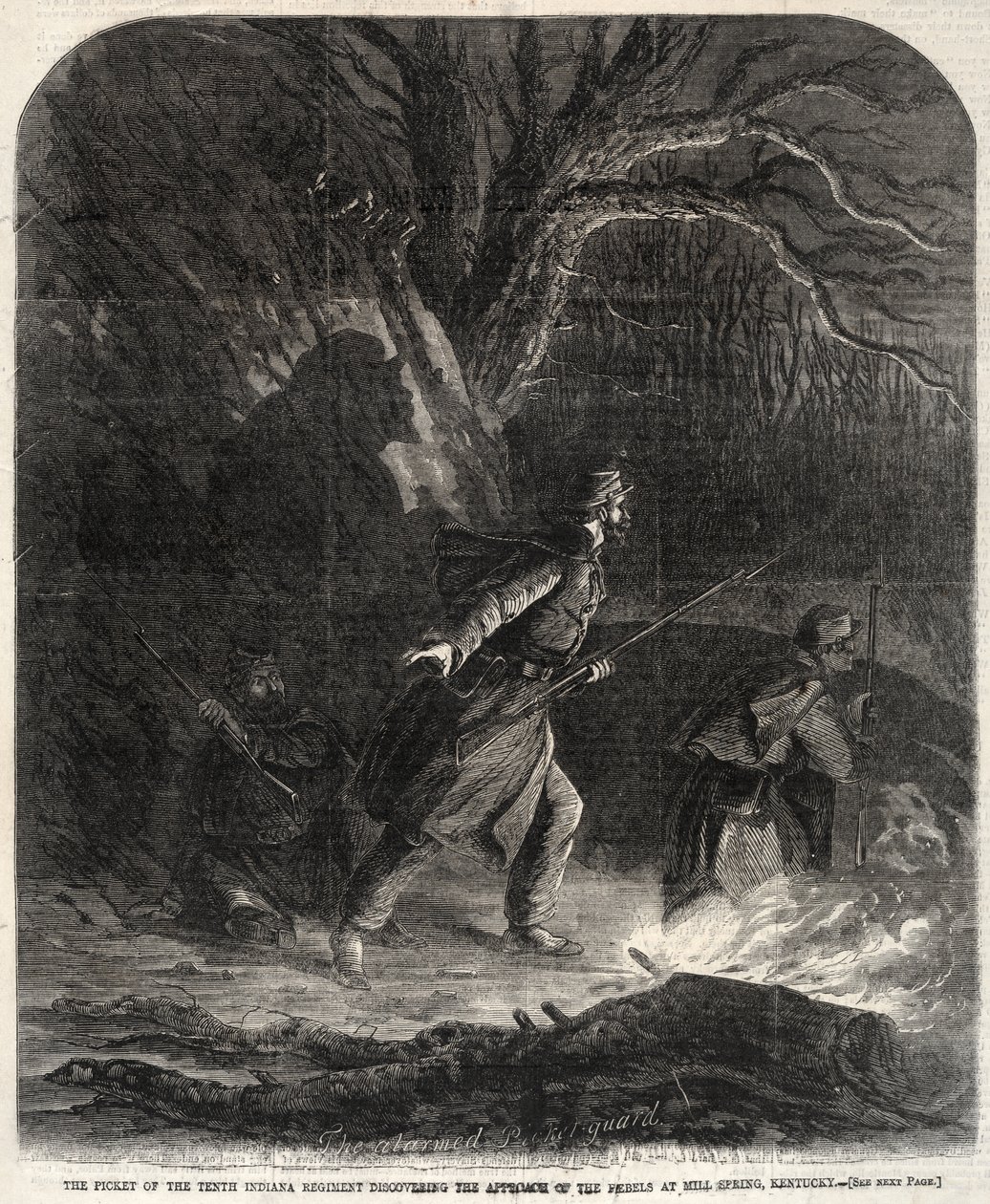 Vaktposten fra det tiende Indiana-regimentet oppdager opprørernes fremrykning ved Mill Spring i Kentucky av Winslow Homer